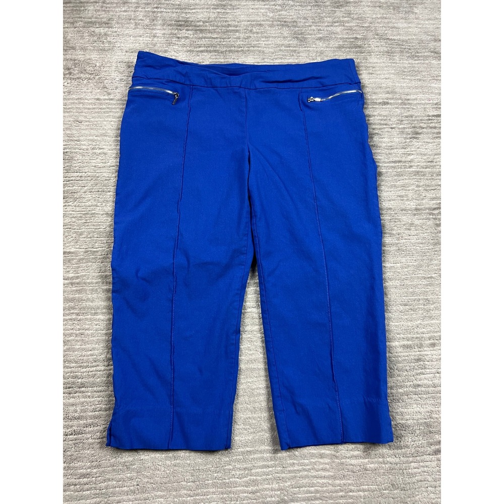 New Directions Capri Pants Women 16 Blue Pull On Faux Zipper Seam Detail Cropped